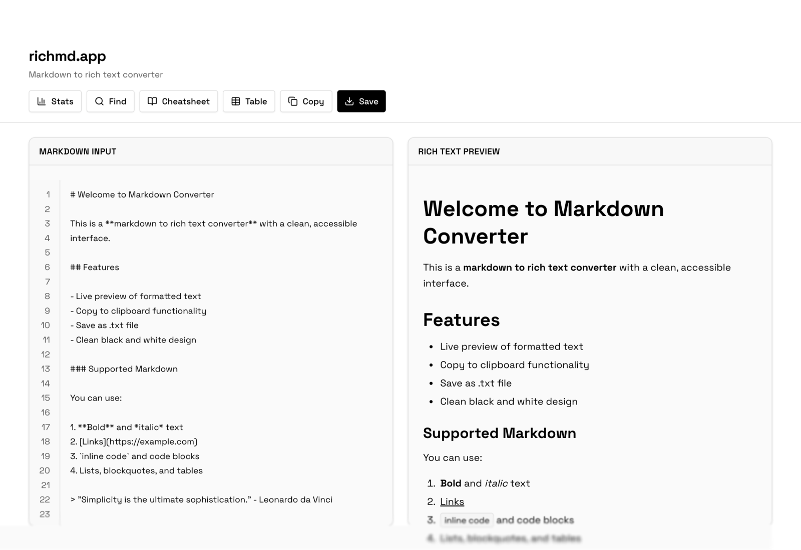 Screenshot of richmd.app showing markdown input on the left and rich text preview on the right.